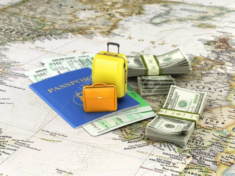 Travel or tourism concept. Passport, suitcases, tickets and money, on the world map. 3d  illustration