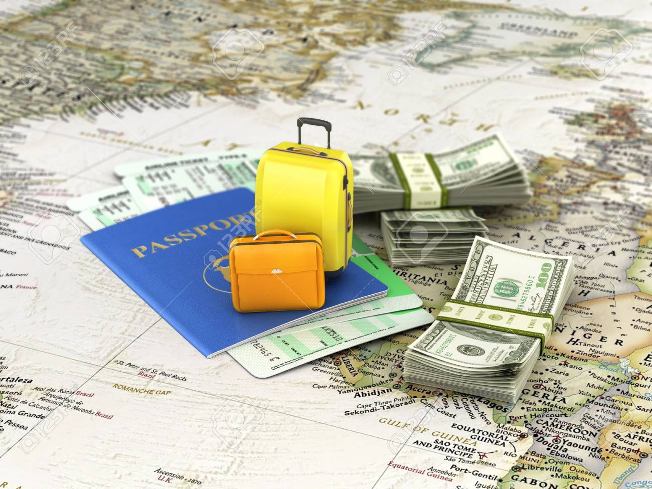 Travel or tourism concept. Passport, suitcases, tickets and money, on the world map. 3d  illustration