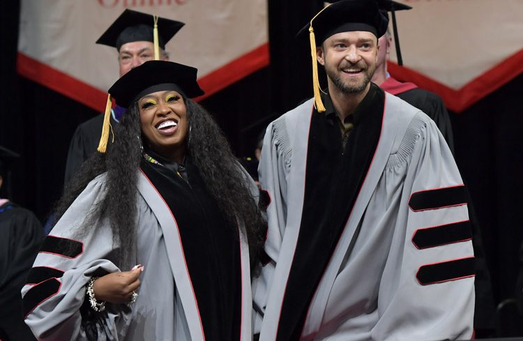 BOSTON, MA - MAY 11:  Missy Elliott and Justin Timberlake attend the Berklee College of Music 2019 Commencement ceremony at Agganis Arena at Boston University on May 11, 2019 in Boston, Massachusetts.  More than 1,100 students graduated in all and receiving honorary degrees were Missy Elliott, Justin Timberlake and Alex Lacamoire.  (Photo by Paul Marotta/Getty Images for Berklee)
