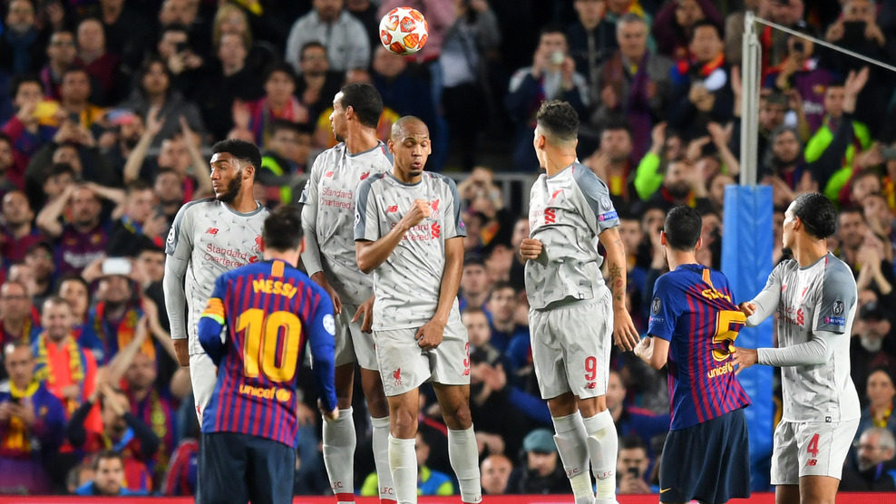 BARCELONA, SPAIN - MAY 01:  Lionel Messi of Barcelona scores his sides third goal from a free kick during the UEFA Champions League Semi Final first leg match between Barcelona and Liverpool at the Nou Camp on May 01, 2019 in Barcelona, Spain. (Photo by Michael Regan/Getty Images)