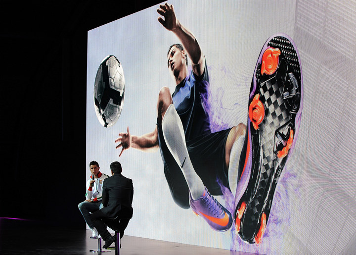 LONDON, ENGLAND - FEBRUARY 24:  Cristiano Ronaldo unveils the new Nike Mercurial Vapor Superfly II boots he will wear for the rest of the domestic season, and at the World Cup, inside Battersea Power Station on February 24, 2010 in London, England.  The boots feature an adaptive traction system for speed on the pitch in all conditions.  (Photo by Christopher Lee/Getty Images for Nike)