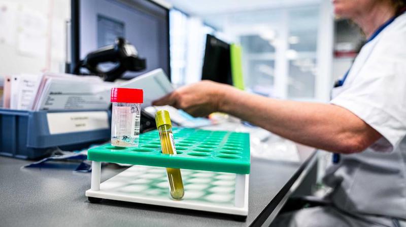 epa08269473 An employee of a medical laboratory receives a sample to test for the coronavirus SARS-CoV-2 in Roosendaal, The Netherlands, 04 March 2020.  EPA-EFE/ROB ENGELAAR