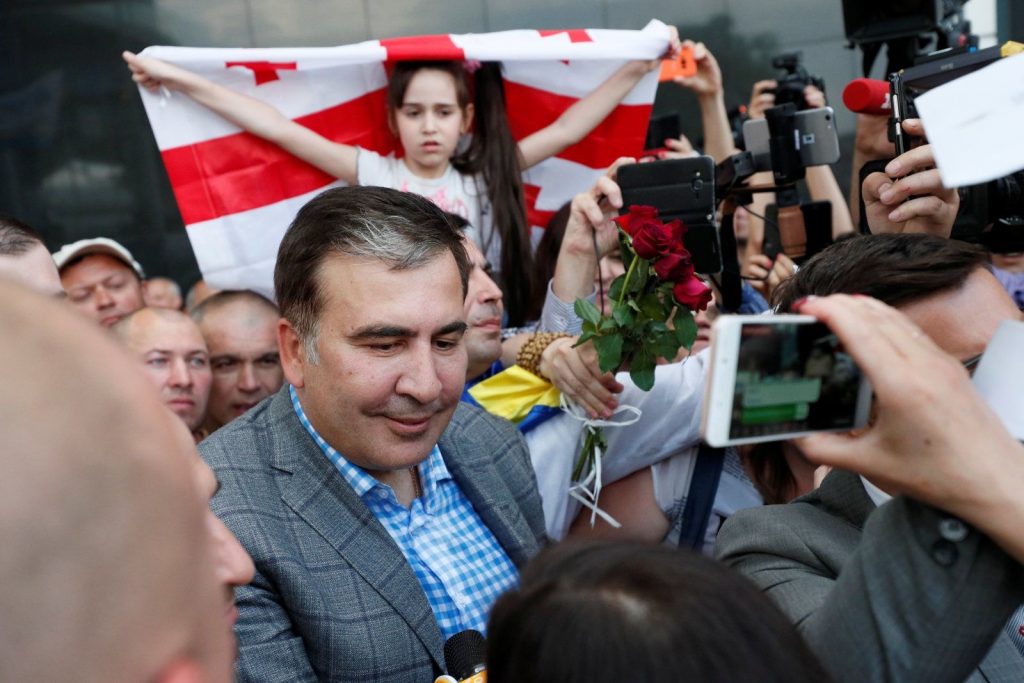 Former Georgian President Mikheil Saakashvili talks to journalists as he arrives in Kiev, after the Ukrainian President Volodymyr Zelenskiy restored his citizenship, at Boryspil International Airport outside Kiev, Ukraine May 29, 2019. REUTERS/Gleb Garanich