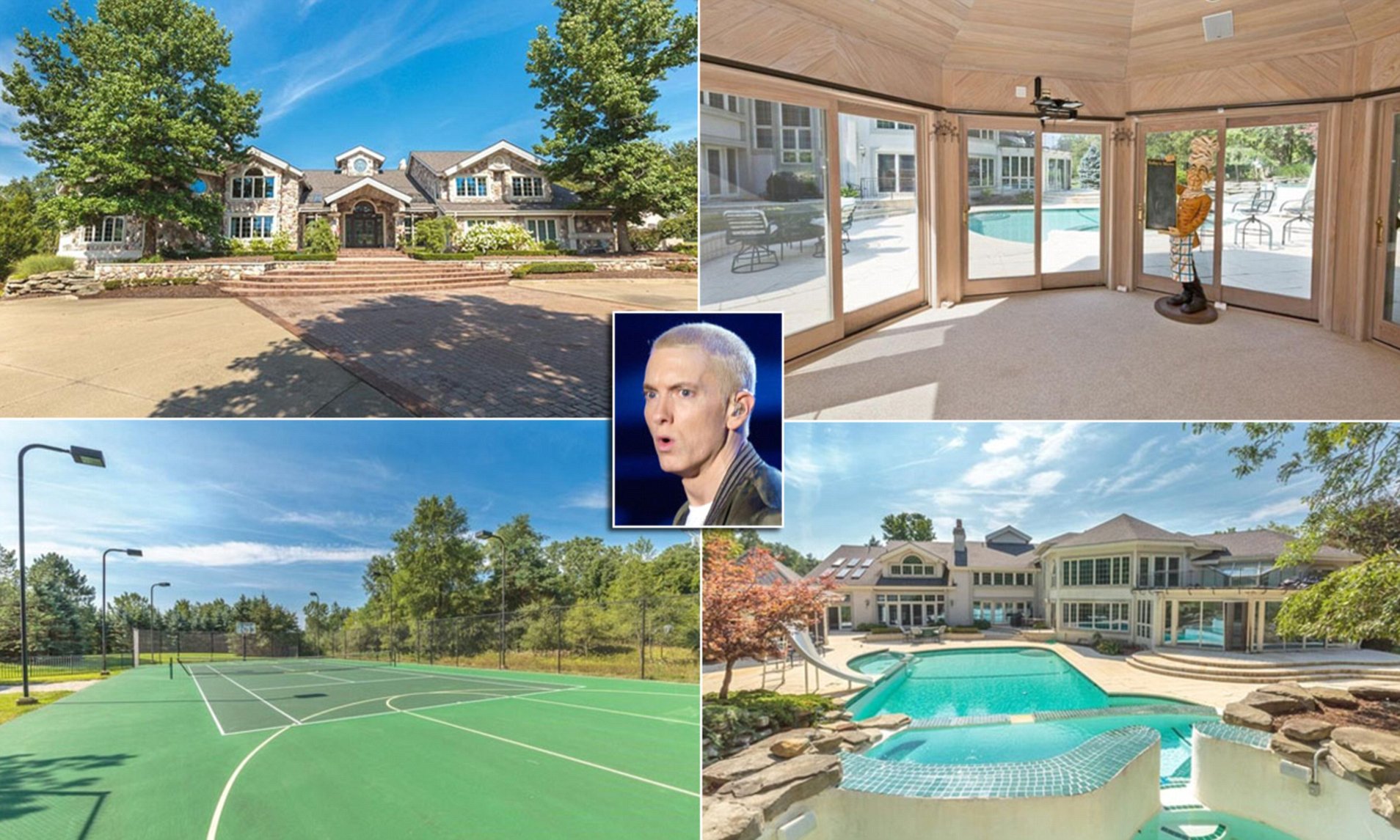 EMINEM is set to lose a staggering TWO MILLION POUNDS on a mansion¿nThe rapper ¿ whose real name is Marshall B. Mathers III ¿ has put his estate in the posh Detroit suburb of Rochester Hills up for sale for £1.5 million ($1.99 million) nBut he originally snapped up the property in 2003 for £3.6 million ($4.75 million) nThe six-acre spread, 30 miles north of downtown Detroit ¿ measures around 17,500-square-feet with five en suite bedrooms.nThe estate¿s various outbuildings include a guardhouse, an octagonal poolside and a two-storey detached guesthouse.nIt also has a swimming pool and lighted tennis and basketball courts.nThe estate placed 10th on a list of the ¿Top 10 Rapper¿s Mansions of 2016.¿ nDespite this, the mansion is being sold ¿as is¿ and real estate sources claim the place will need ¿some updating and improvements.¿nSince the purchase, Eminem has rarely lived in the property and spends most of his time at an estate in nearby Clinton Township. nnn*****nnnTNI Press Ltd does not hold or assert any Copyright or License in the attached image. Any fees paid to TNI are for TNI¿s services only. Such fee does not, nor is it intended to, convey to the user any Copyright or License in the image. By publishing this image, the user expressly agrees to indemnify TNI against any claims, demands, or causes of action arising from, or connected in any way, with the user's publication of the image.