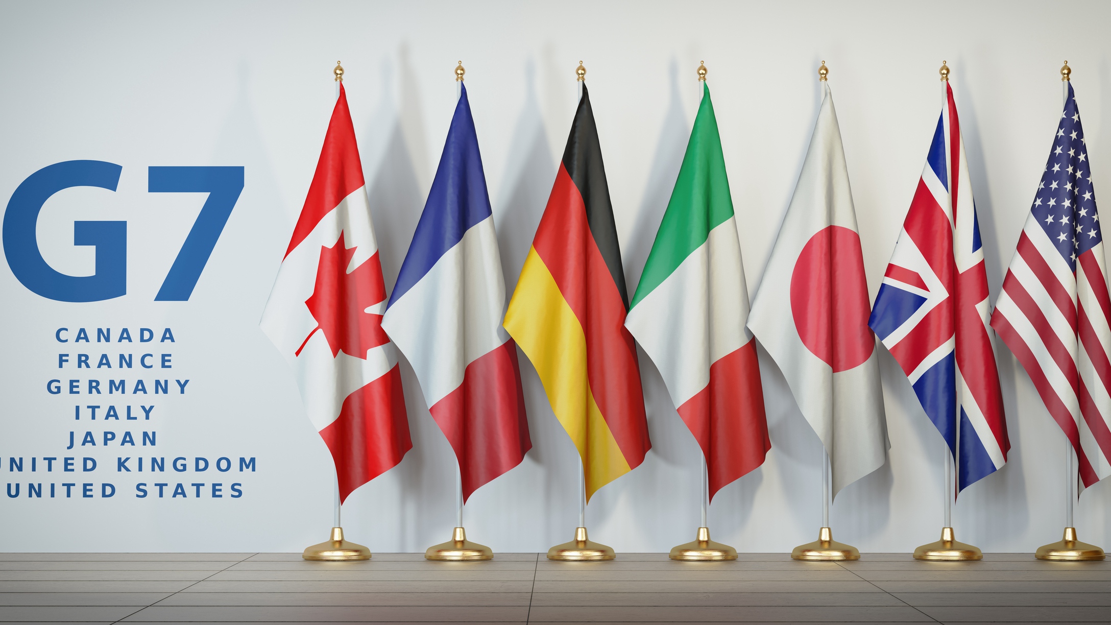 G7 summit or meeting concept. Row from flags of members of G7 group of seven and list of countries, 3d illustration