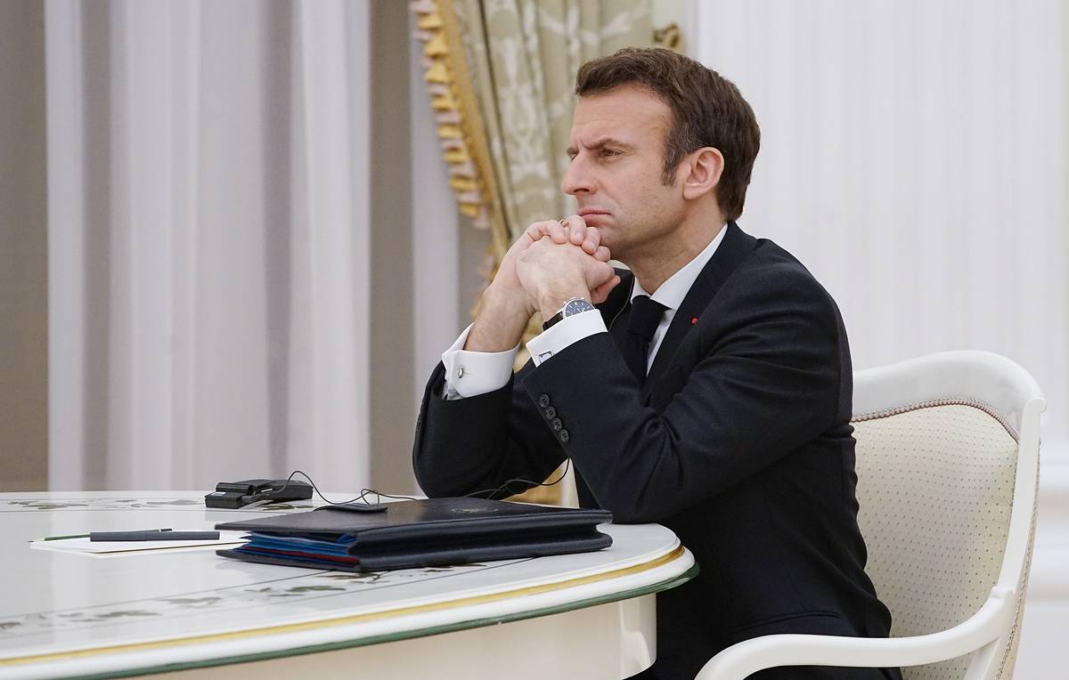 MOSCOW, RUSSIA  FEBRUARY 7, 2022: France's President Emmanuel Macron is seen during a meeting with Russia's President Putin at the Moscow Kremlin. Russian Presidential Press and Information Office/TASS

Ðîññèÿ. Ìîñêâà. Ïðåçèäåíò Ôðàíöèè Ýììàíþýëü Ìàêðîí âî âðåìÿ âñòðå÷è ñ ïðåçèäåíòîì ÐÔ Âëàäèìèðîì Ïóòèíûì â Êðåìëå. Ïðåññ-ñëóæáà ïðåçèäåíòà ÐÔ/ÒÀÑÑ