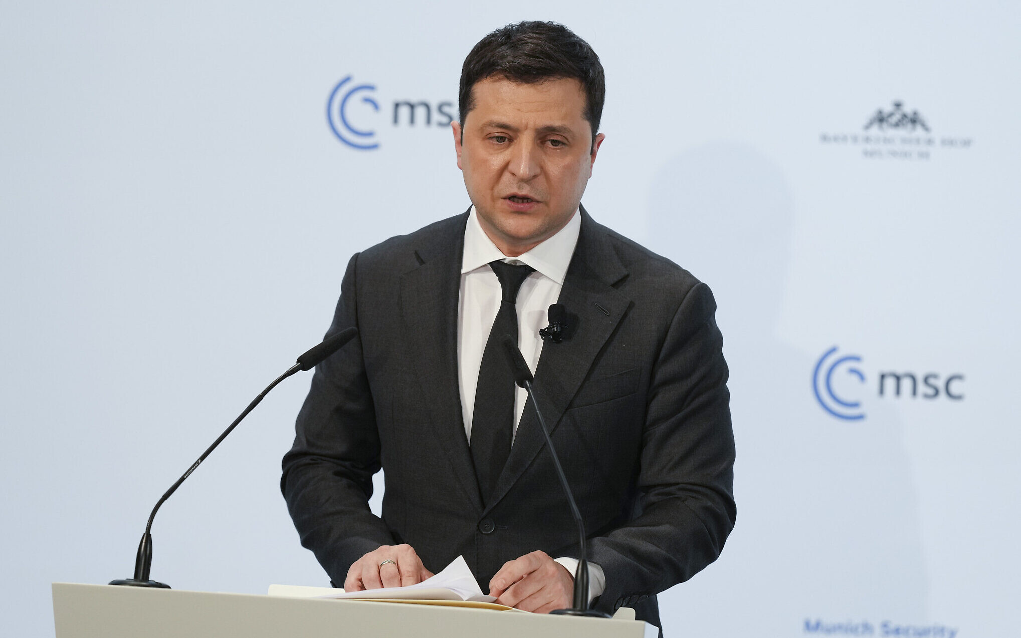 Ukrainian President Volodymyr Zelenskyy delivers his speech during the Munich Security Conference in Munich, Germany, Saturday, Feb. 19, 2022. (AP Photo/Michael Probst)