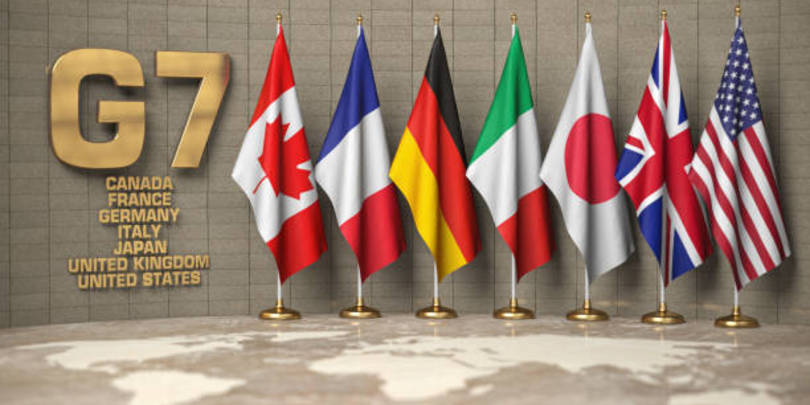 G7 summit or meeting concept. Row from flags of members of G7 group of seven and list of countries, 3d illustration