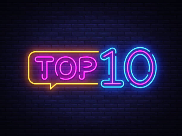 Top 10 Neon Text Vector. Top Ten neon sign, design template, modern trend design, night neon signboard, night bright advertising, light banner, light art. Vector illustration.