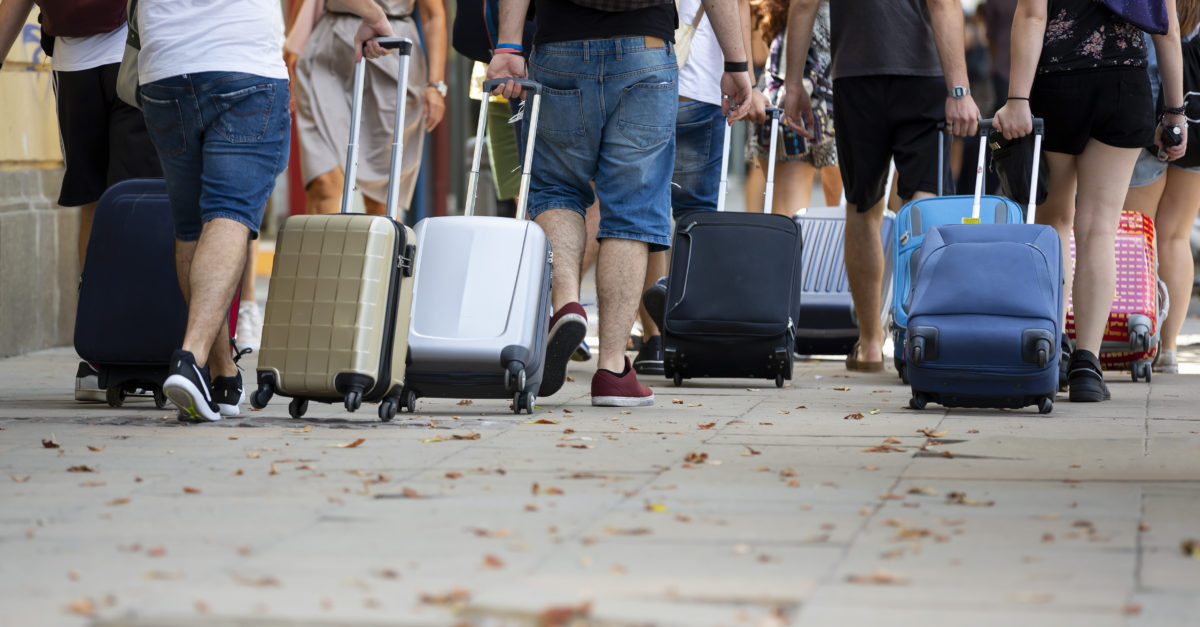 People with suitcases on wheels are seen from their backs on the street walking. Unrecognizable people.