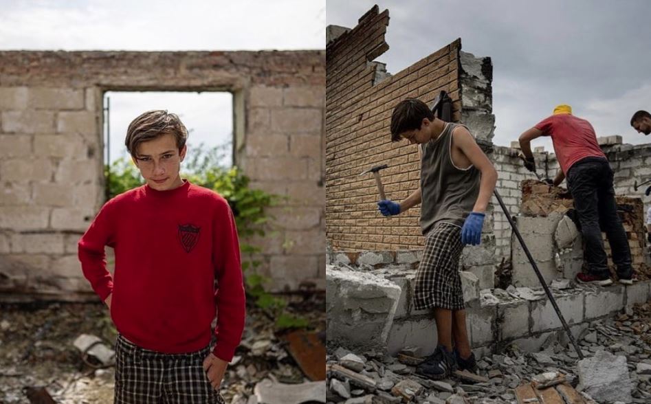 ფოტოები: 12 წლის უკრაინელი ბიჭი, რომელიც დედაზე და ბებიაზე ზრუნავს, ადამიანებს შენობების ნანგრევებისგან გასუფთავებაში ეხმარება