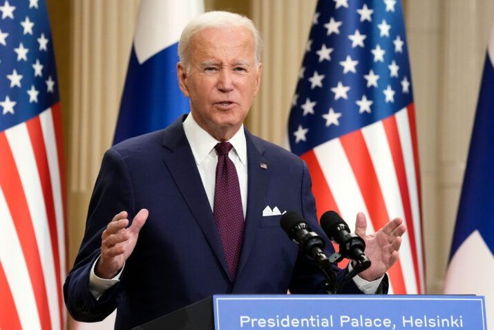 President Joe Biden speaks during a news conference with Finland's President Sauli Niinisto at the Presidential Palace in Helsinki, Finland, Thursday, July 13, 2023. (AP Photo/Susan Walsh)