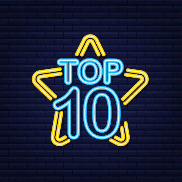 Top 10 - Top Ten gold with blue neon label on black background. Vector illustration