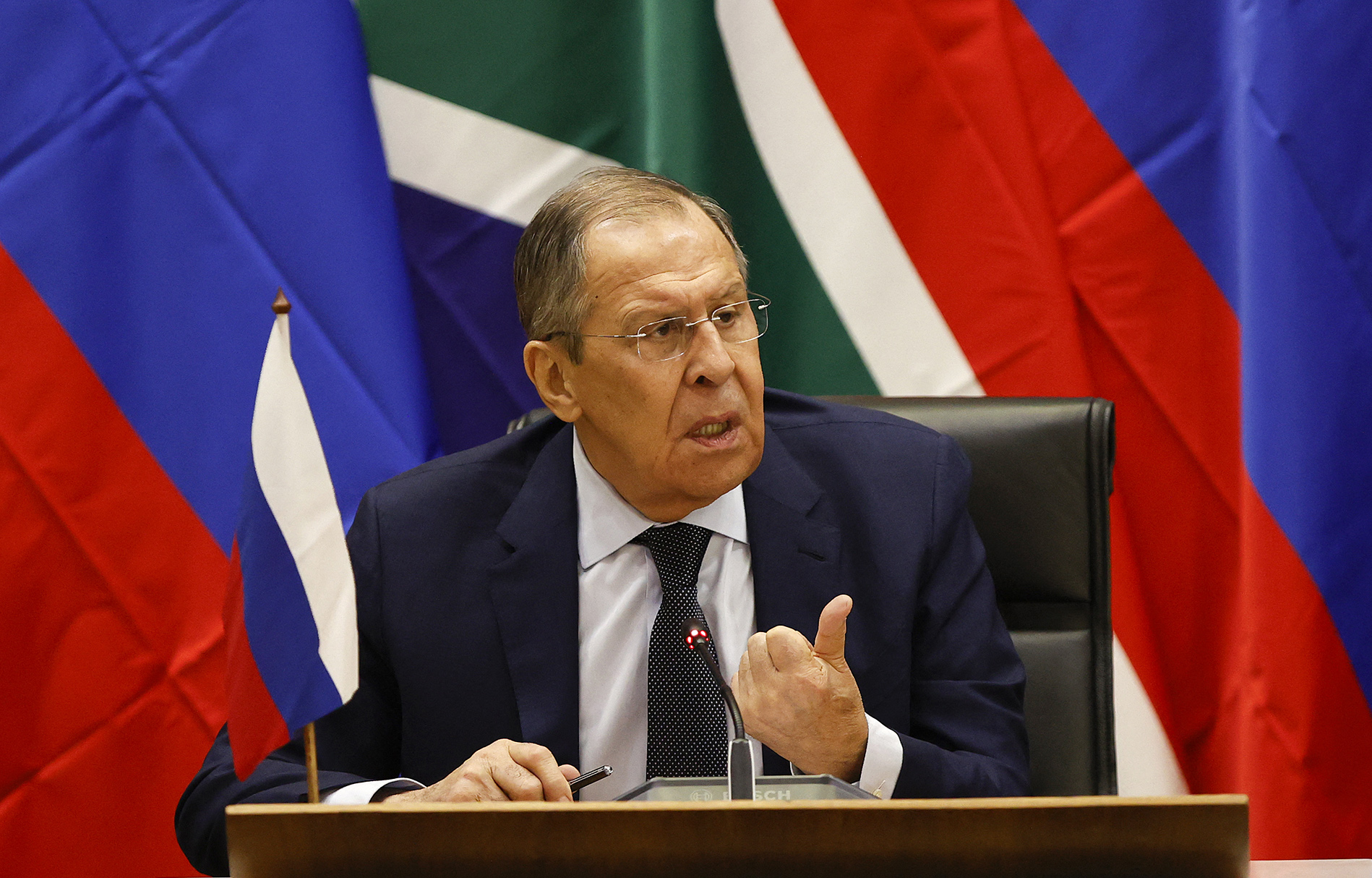 Russian Minister of Foreign Affairs of Sergei Lavrov speaks during a press conference after his meeting with South African Minister of International Relations and Cooperation Naledi Pandor (not seen) at the OR Tambo Building in Pretoria on January 23, 2023. (Photo by PHILL MAGAKOE / AFP) (Photo by PHILL MAGAKOE/AFP via Getty Images)