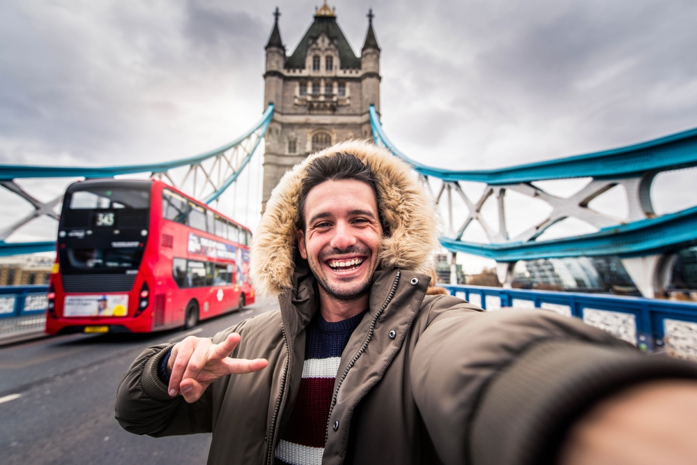 Smiling,Man,Taking,Selfie,Picture,In,London,,England,-,Young