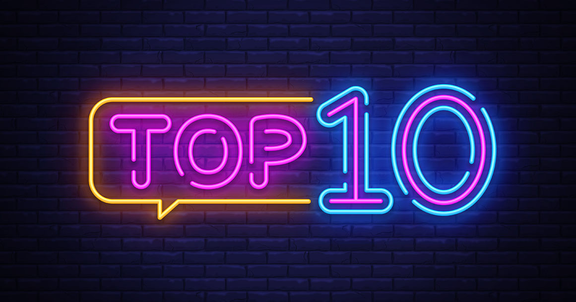 Top 10 Neon Text . Top Ten neon sign, design template, modern trend design, night neon signboard, night bright advertising, light banner, light art. illustration.