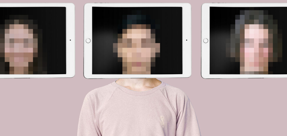 Changing face using AI generated deepfake technology concept. Multiple blurred person face on tablet screen, covering true identity.  Spreading hoax using modern tech.