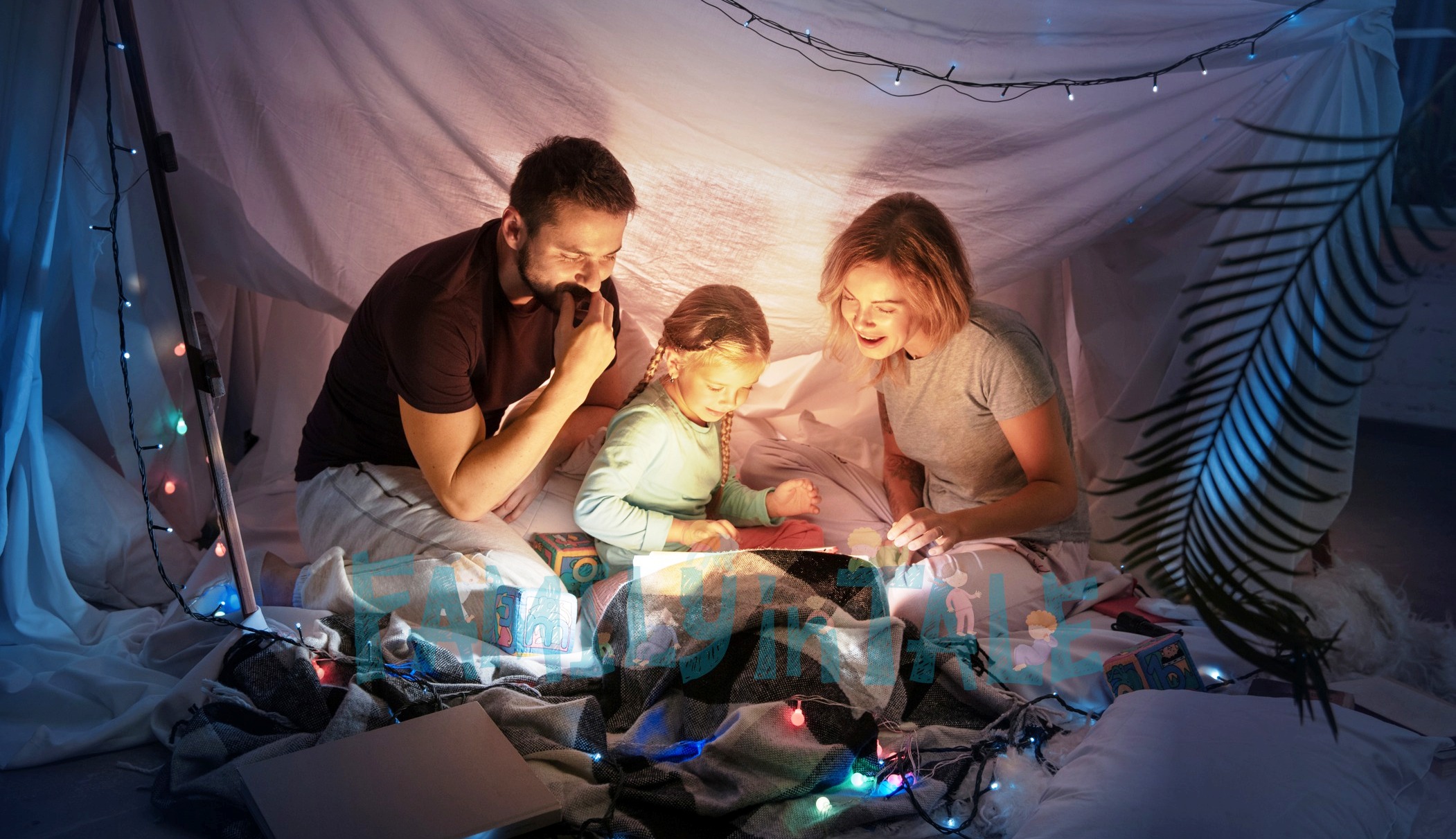 Caucasian family sitting in a teepee, reading stories with the flashlight in dark room with toys and pillows. Caucasian models. Home comfort, family, love, Christmas holidays, storytelling time.