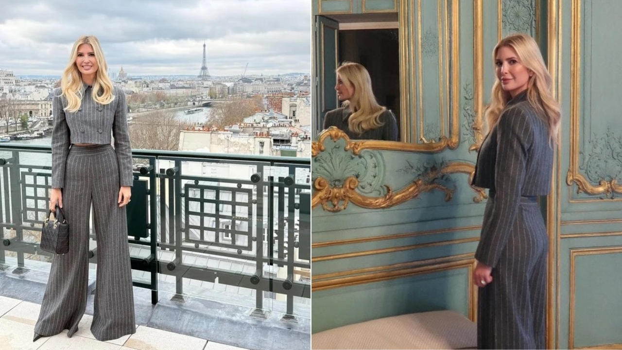 ივანკა ტრამპი ნაცრისფერ ზოლიან კოსტიუმში, Lady Dior-ის ჩანთით გამოჩნდა