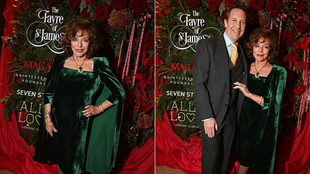 92 წლის ჯოან კოლინზი ხავერდის საღამოს კაბაში, 60 წლის ქმართან ერთად, საშობაო კონცერტზე