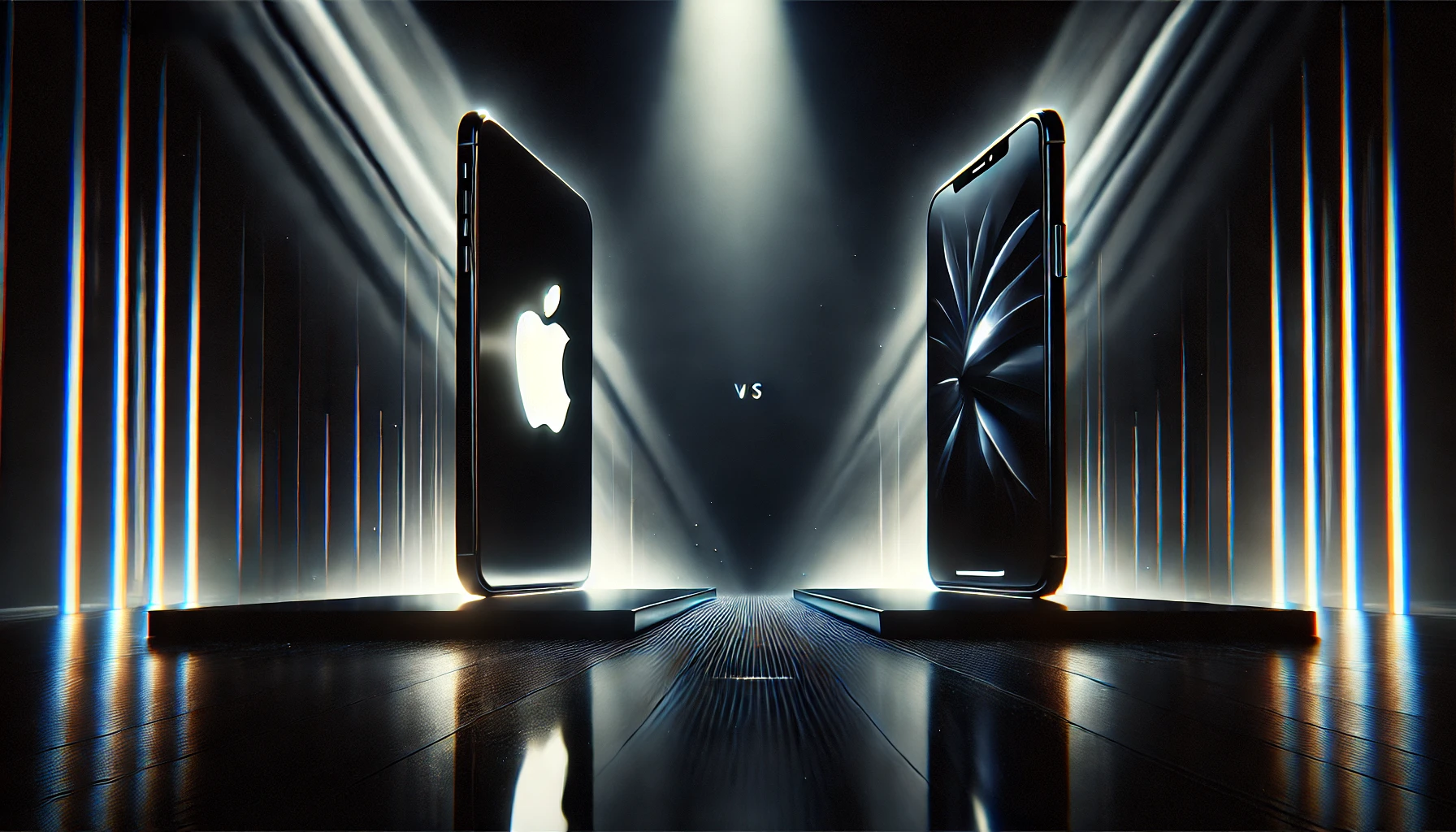 DALL·E 2025-12-09 08.39.50 - Create a dramatic wide‑format scene in deep black tones featuring two abstract smartphones in a symbolic competition. The Samsung‑like phone should ap