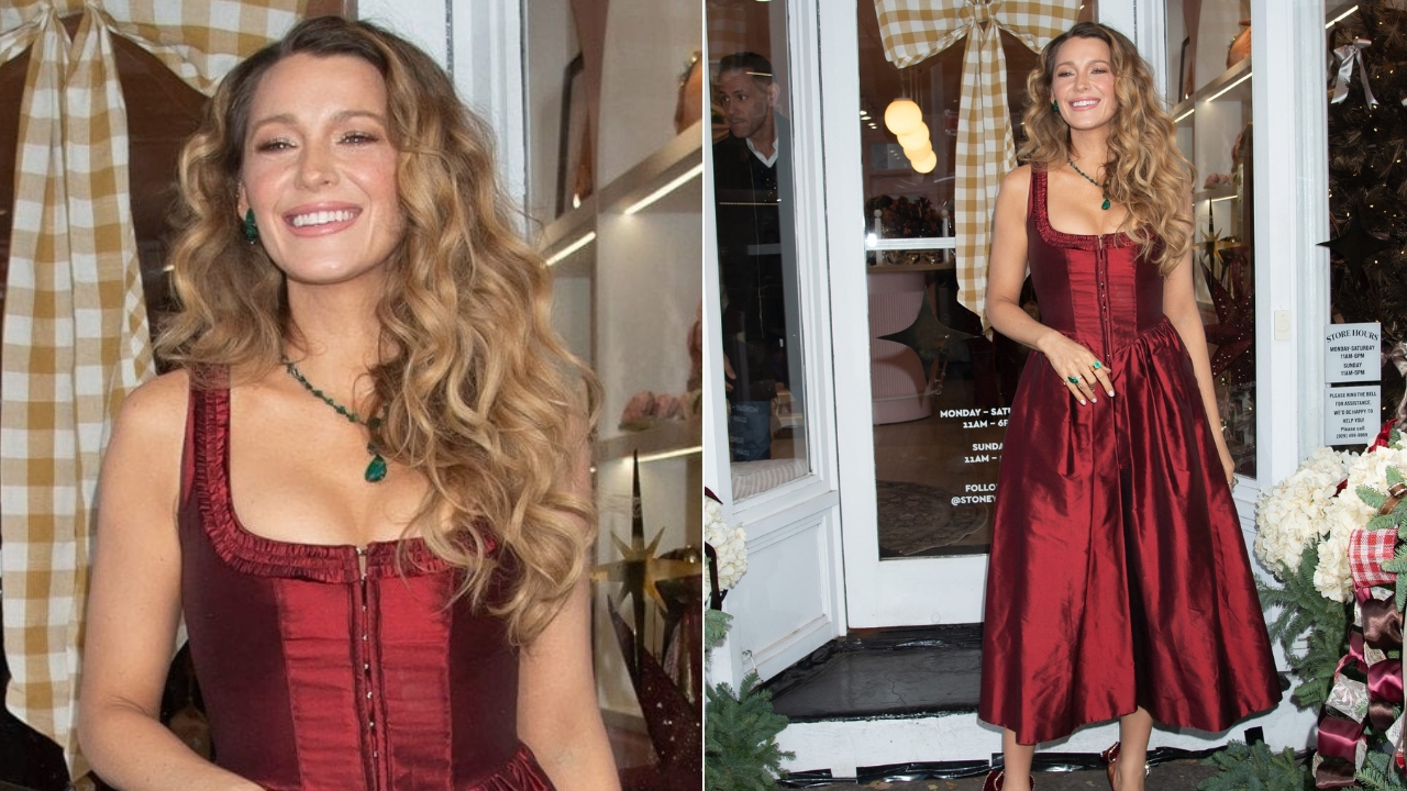 ბლეიკ ლაივლი 50 წლების სილუეტის, ულამაზეს ღვინისფერ კაბაში